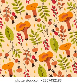 Autumn seamless pattern with chanterelle mushrooms, leaves and berries. Vector graphics.