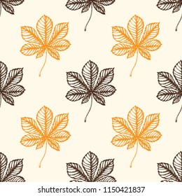 Autumn seamless pattern with chestnut leaves. Hand drawn seasonal vector background in vintage style.