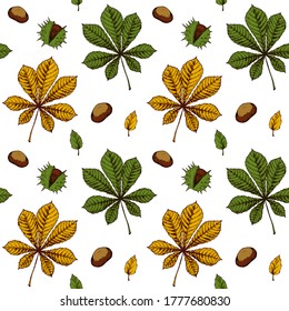 Autumn seamless pattern with chestnut leaves isolated on white background. Hand drawn colored sketch vector illustration. Vintage line art