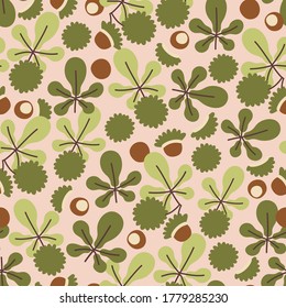 Autumn seamless pattern with  chestnut leaves and horse chestnut fruits. Fall background. Great for fabric, textile, wrapping paper.