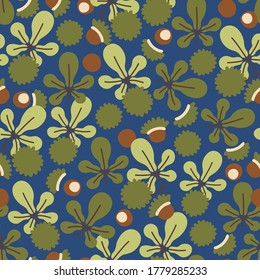 Autumn seamless pattern with  chestnut leaves and horse chestnut fruits. Fall background. Great for fabric, textile, wrapping paper.