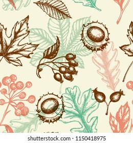 Autumn seamless pattern with chestnut, oak and maple falling leaves. Hand drawn seasonal vector background in vintage style.