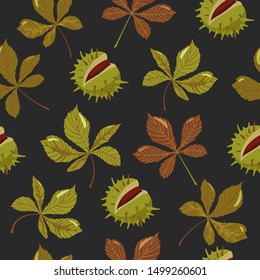 Autumn seamless pattern. Chestnuts with peels and leaves. Vector illustration on black background.