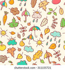 Autumn seamless pattern in a childish style (doodling).  Bright and happy colors. Endless texture can be used for children's products, wrapping, packaging etc.