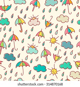 Autumn seamless pattern in a childish style (doodle) with colorful umbrellas, clouds, and rain drops. Bright and happy colors. Endless texture can be used for children's products, wrapping, packaging
