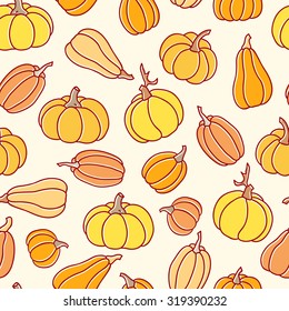 Autumn seamless pattern in a childish style (doodling) with orange pumpkins.  Bright and warm colors. Endless texture can be used for children's products, wrapping, packaging, Halloween decoration etc