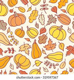 Autumn seamless pattern in a childish style (doodling) with orange pumpkins.  Bright and warm colors. Endless texture can be used for children's products, wrapping, packaging etc.