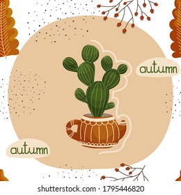 Autumn seamless pattern with circles, teapot cactus and lettering in cute cartoon hygge style. Vector illustration.