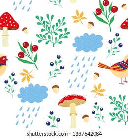 Autumn seamless pattern with cloud, rain, bird, leaves, grass, mushrooms, berries, blueberries, acorn. Print for clothes, fabrics, gift paper and printed materials