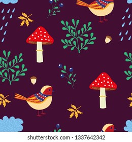 Autumn seamless pattern with cloud, rain, bird, leaves, grass, mushrooms, berries, blueberries, acorn. Print for clothes, fabrics, gift paper and printed materials