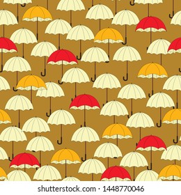 Autumn seamless pattern with color umbrellas on brown background. Vector illustration for fabric, textile, wallpaper, posters, gift wrapping paper, napkin, pajamas. Print for children.