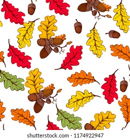 autumn seamless pattern, colored oak leaves and acorns on white background vector, hand drawing
