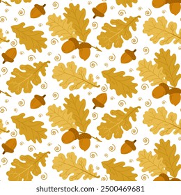 Autumn seamless pattern with colored oak leaves and acorns.. Hand drawn flat style. Simple botanical illustration isolated on white background. perfect for textile and wrapping