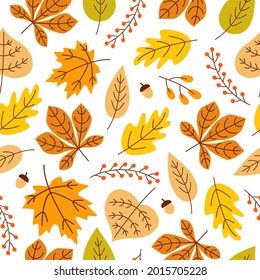 Autumn seamless pattern with colorful acorns, leaves and berries on white background. Modern seasonal pattern. Vector flat design