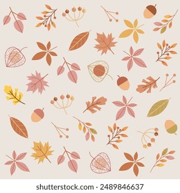 Autumn seamless pattern in colorful cartoon style, with acorn, mapple leaves, chestnut leaves, berries, physalis, and other natural elements in red, brown, beige, and yellow colors. 