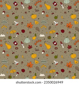 Autumn seamless pattern in colorful doodle style. Simple Vector illustration