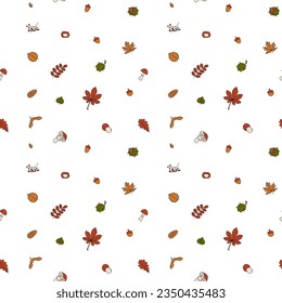 Autumn seamless pattern in colorful doodle style. Forest leaves and mushrooms. Vector illustration in a Simple style