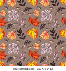 Autumn Seamless Pattern with Colorful Fall Leaves. Vector Background with Maple and Oak Leaves