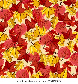 Autumn seamless pattern. Colorful falling leaves vector cover. Scrapbook, gift wrapping paper, textile. October background. Autumn maple, oak, birch leaves seamless pattern. Autumnal illustration
