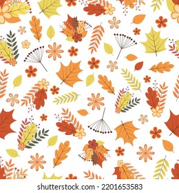 Autumn seamless pattern. Colorful leaves, flowers, and berries. Fall vector background. Perfect for scrapbooking, wrapping paper, fabric, etc.