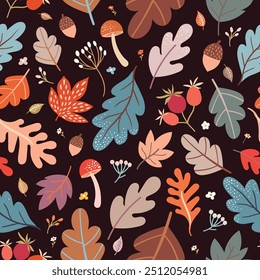 Autumn seamless pattern with colorful leaves and seasonal plants, decorative background, wallpaper