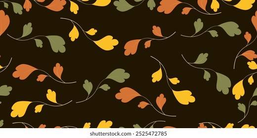 Autumn seamless pattern with colorful leaves isolated on dark background.Vector illustration