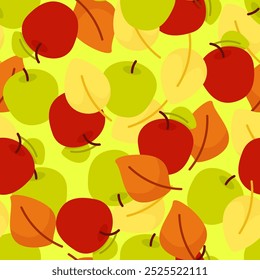 Autumn seamless pattern with colorful leaves and green apples