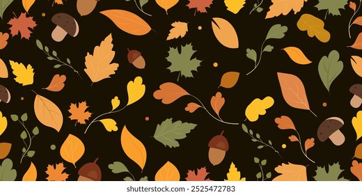 Autumn seamless pattern with colorful leaves,mushrooms,oaks isolated on dark background.Vector illustration
