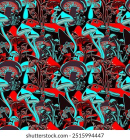 Autumn seamless pattern with colorful mushrooms. Botanical vector design for fabric, packaging, textile, print, template, card. Halloween pattern
