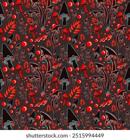 Autumn seamless pattern with colorful mushrooms. Botanical vector design for fabric, packaging, textile, print, template, card. Halloween pattern
