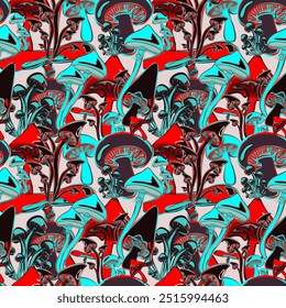 Autumn seamless pattern with colorful mushrooms. Botanical vector design for fabric, packaging, textile, print, template, card. Halloween pattern
