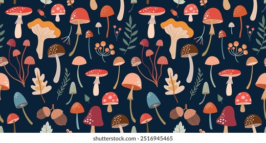 Autumn seamless pattern with colorful mushrooms, decorative wallpaper, autumnal background