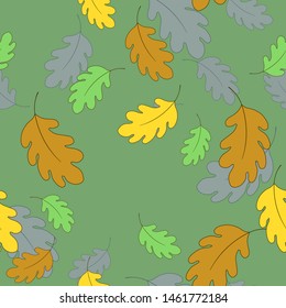 Autumn seamless pattern with colorful oak leaves on green background. Vector illustration for fabric, textile wallpaper, posters, gift wrapping paper. Floral vector illustration. Doodle style. 