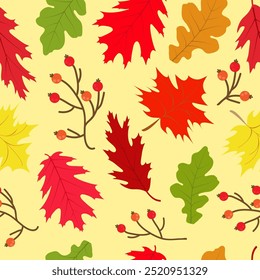 Autumn seamless pattern with colorful oak and maple leaves, berry twigs. Fall season vector repeat pattern textile design, wallpaper, background.