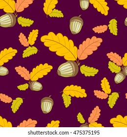 Autumn seamless pattern with colorful oak leaves and acorns.Vector background.Illustration.