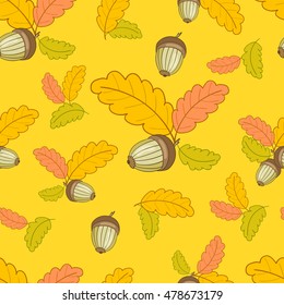 autumn seamless pattern with colorful oak leaves and acorns on a yellow background.Vector illustration.Design for web pages,cloth,textile,wrapping paper,scrapbooking,wallpapers.