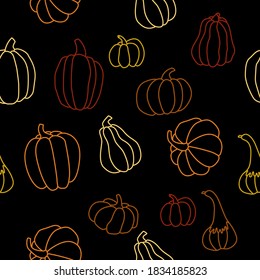 Autumn seamless pattern with colorful pumpkins on a dark background. Pumpkin outline. Vector pattern.