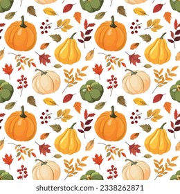 Autumn seamless pattern with colorful pumpkins, forest leaves, and red berries. Vector illustration. Isolated on white background. Fall harvest, Thanksgiving wallpaper.