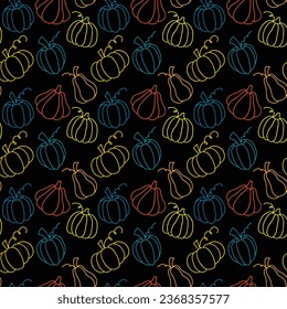 Autumn seamless pattern with colorful pumpkins. Thanksgiving design. Pattern for fabric, packaging, cards, wrapping paper. Vector illustration