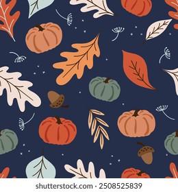 Autumn seamless pattern with colorful pumpkins, forest leaves, and acorn. 