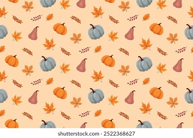 Patrón sin fisuras de otoño con calabazas coloridas, hojas de bosque y bayas rojas. Cosecha de otoño, Fondo de pantalla de Acción de Gracias. Ilustración vectorial