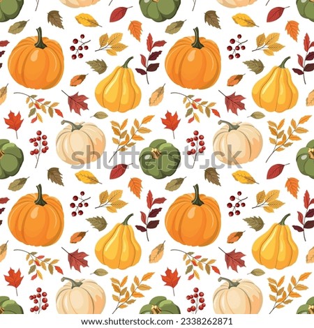 Autumn seamless pattern with colorful pumpkins, forest leaves, and red berries. Vector illustration. Isolated on white background. Fall harvest, Thanksgiving wallpaper.