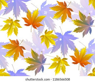 Autumn seamless pattern - colorful and saturated maple leaves (yellow, orange and turquoise) abstract vector background.