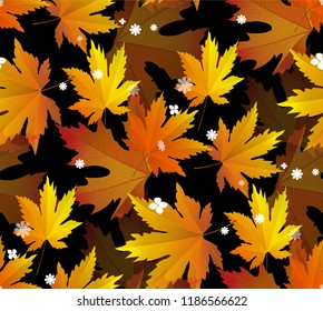 Autumn seamless pattern - colorful and saturated maple leaves (yellow, orange and turquoise) abstract vector background.