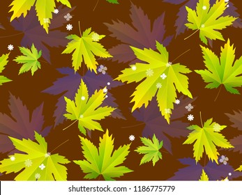 Autumn seamless pattern - colorful and saturated maple leaves (yellow, orange and turquoise) abstract vector background.