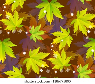 Autumn seamless pattern - colorful and saturated maple leaves (yellow, orange and turquoise) abstract vector background.
