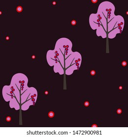 Autumn seamless pattern with colorful trees on dark background. Vector illustration for fabric, textile, wallpaper, posters, gift wrapping paper, pajamas. Print for children. Doodle style. 