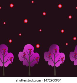 Autumn seamless pattern with colorful trees on dark background. Vector illustration for fabric, textile, wallpaper, posters, gift wrapping paper, pajamas. Print for children. Doodle style. 