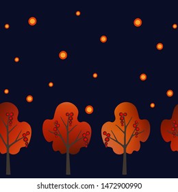 Autumn seamless pattern with colorful trees on dark background. Vector illustration for fabric, textile, wallpaper, posters, gift wrapping paper, pajamas. Print for children. Doodle style. 