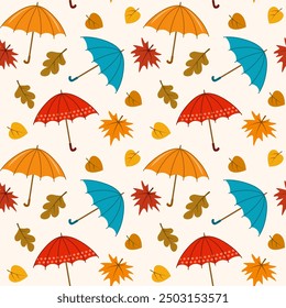 Motif d'automne harmonieux avec des parapluies colorés et des feuilles tombantes. Illustration vectorielle automne saison, fond d'écran, impression textile.